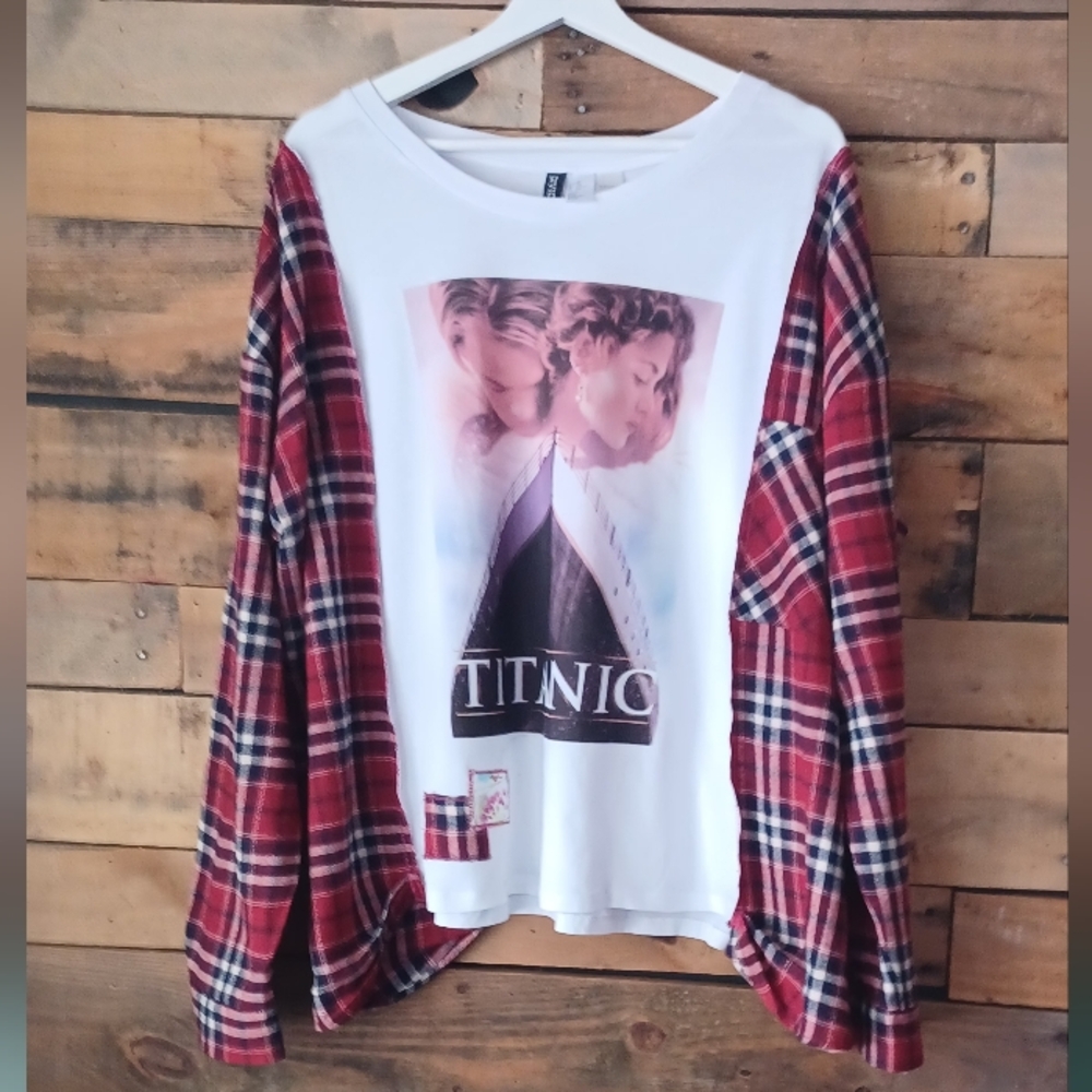 Upcycled Titanic Graphic Tee with Red Plaid Sleeve Overlay